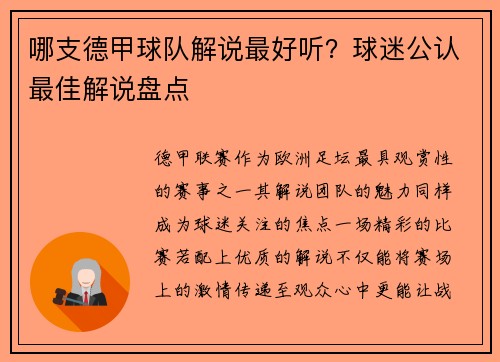 哪支德甲球队解说最好听？球迷公认最佳解说盘点